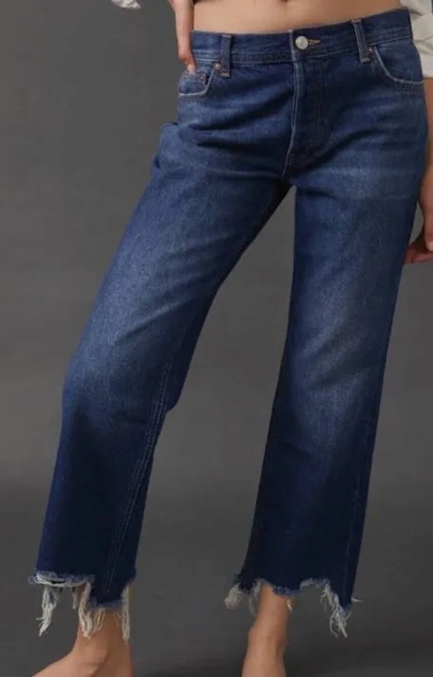 Free People WTF Maggie Mid Rise Straight Raw Hem Jeans Dark Wash NEW 29